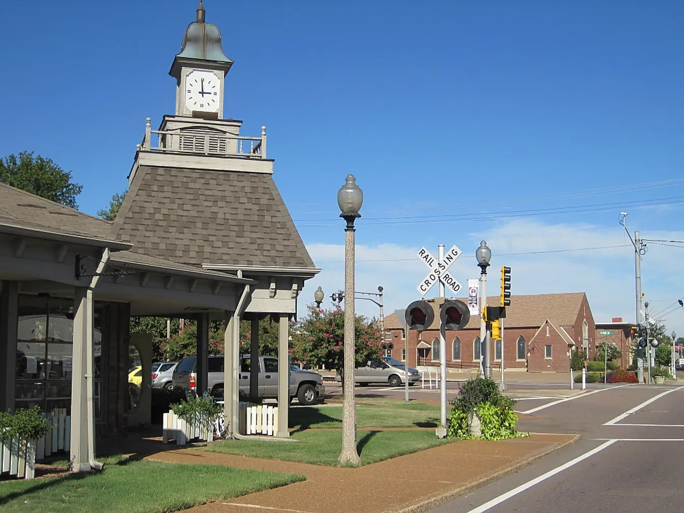 The historic town square and railroad crossing in Bartlett, Tennessee