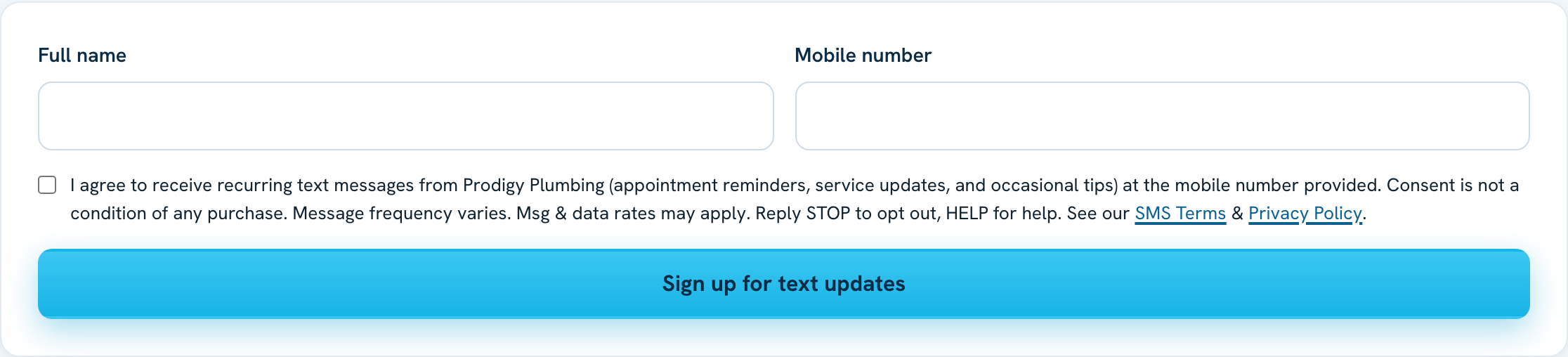 The Prodigy Plumbing text-updates sign-up form showing the consent checkbox, STOP and HELP instructions, and links to the SMS Terms and Privacy Policy